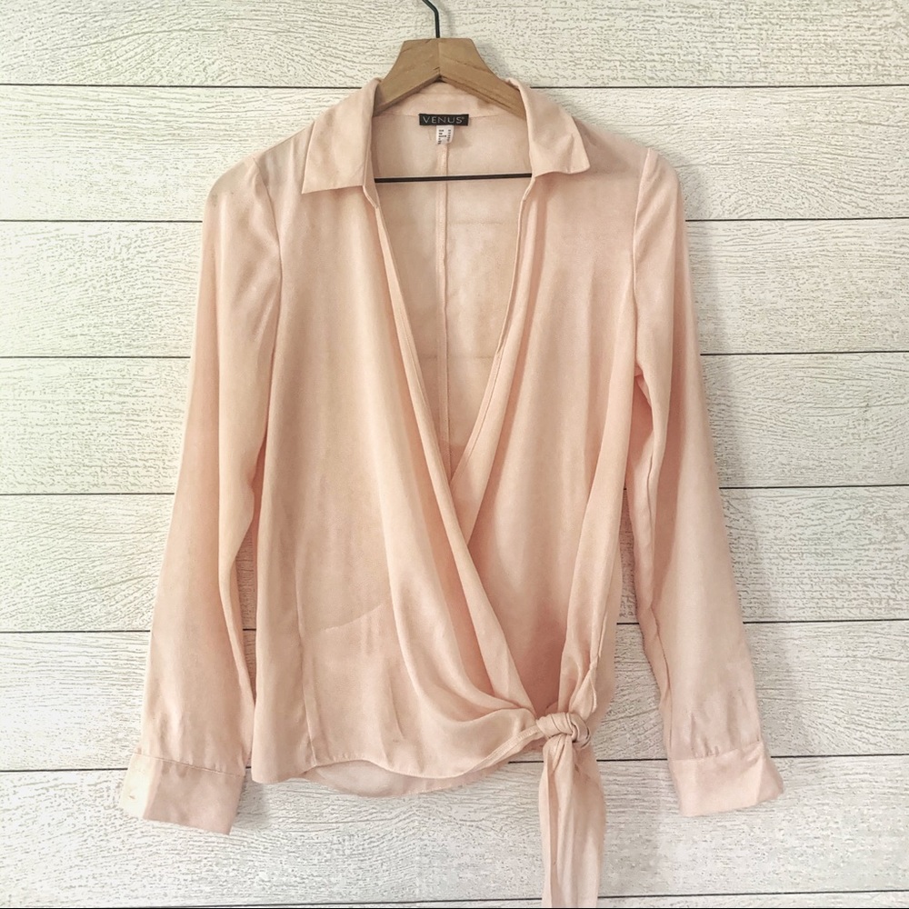 Venus Light Pink Tie Front Long Sleeve Blouse